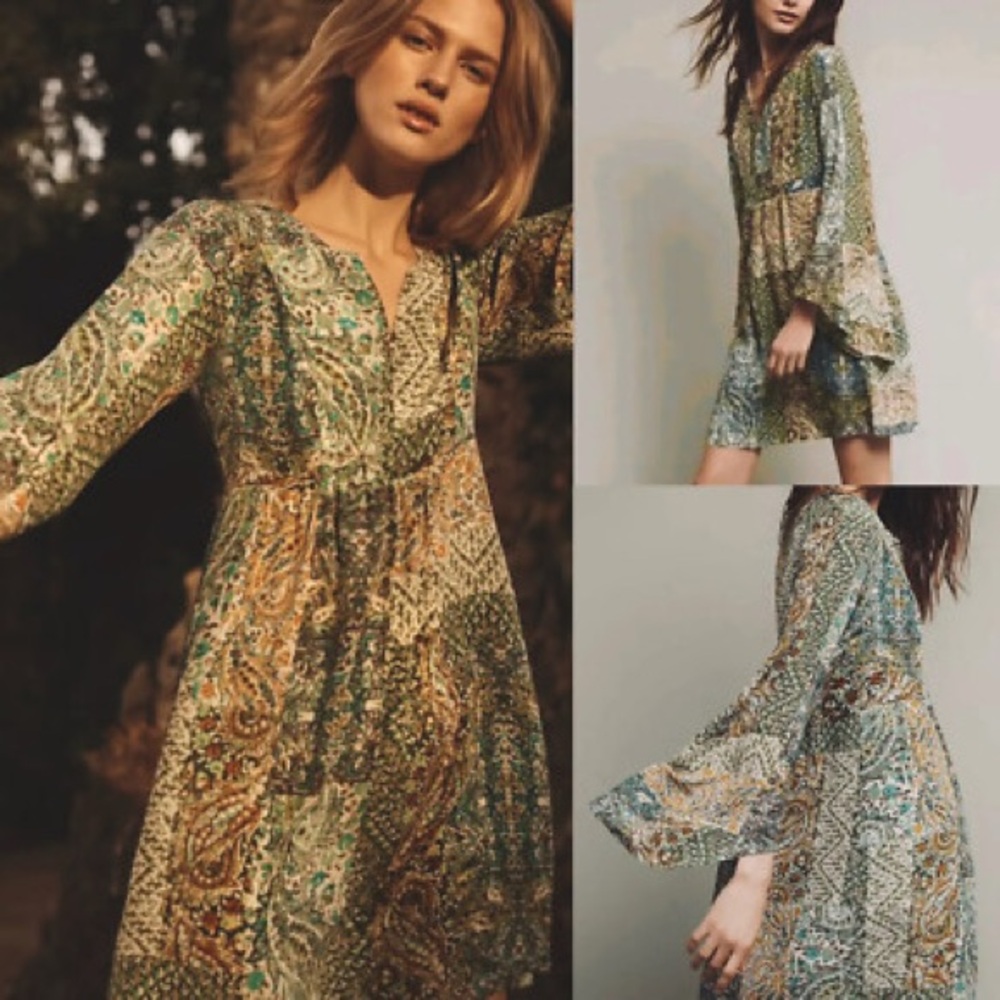Anthropologie Green and Beige Mini Dress - Picture 2 of 8